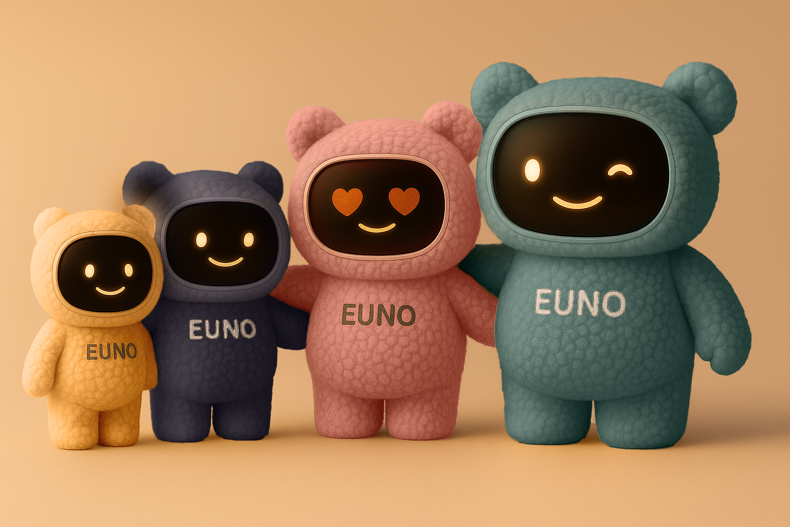 Les trois robots Euno réunis – corail, violet et vert pétrole