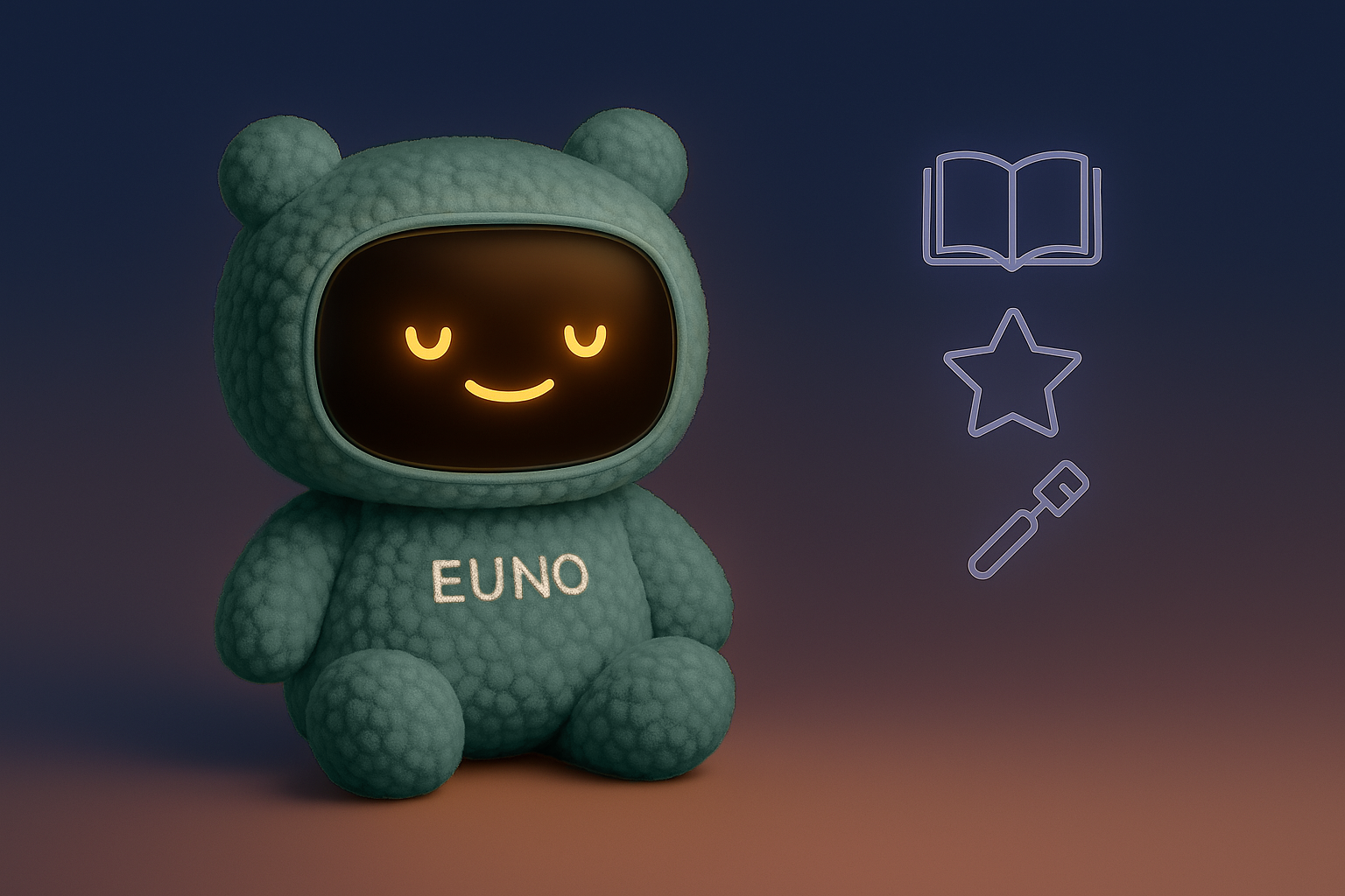 Euno vert surt un fond qui ressemble à un coucher de soleil ayant des icônes de livre; mocro et étoiles à côté de lui