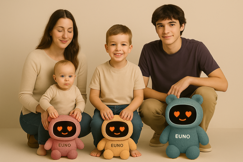 famille mère avec un bébé , enfant et ado ayant tous un euno devant eux 